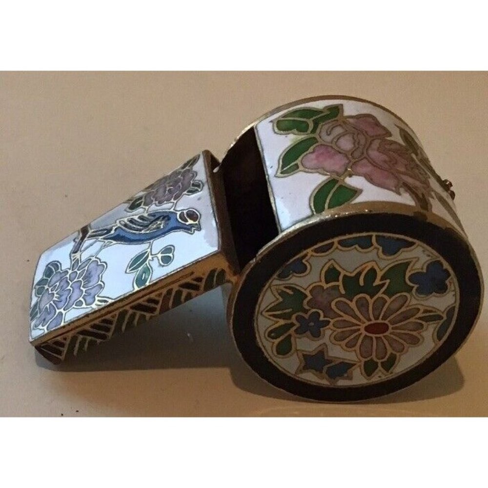 Vintage white Enamel Cloisonne Whistle Pendant Flowers , Birds, Loop Broken